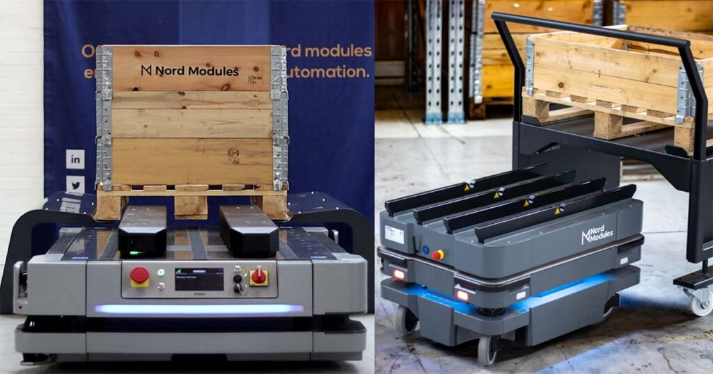 2 examples of lift solutions - Pallet lift solution for OMRON (on the left), and Quick Mover for the MiR250 (on the right)